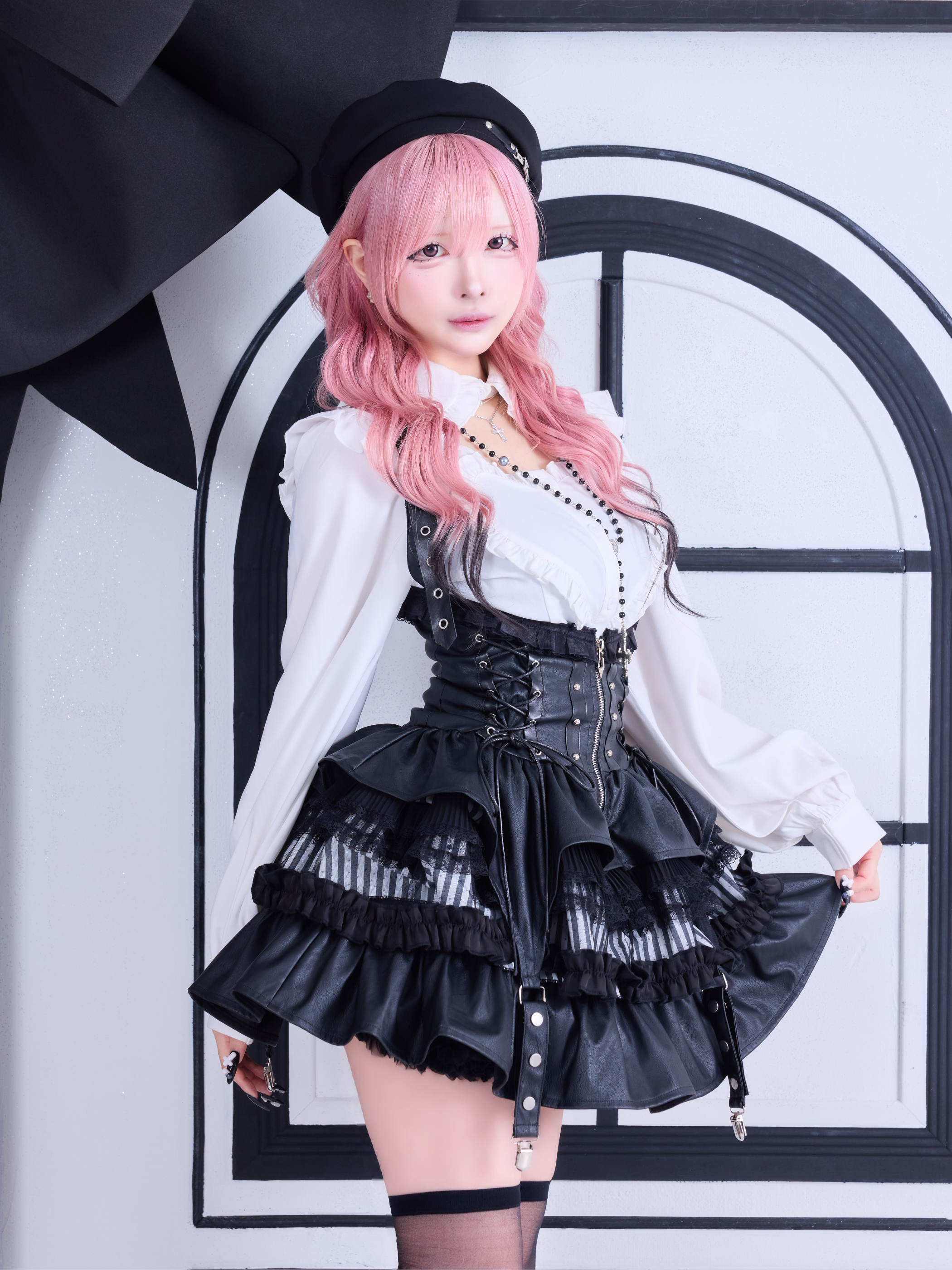 IMVAL / Lace Frill Leather Dress - STRIPE