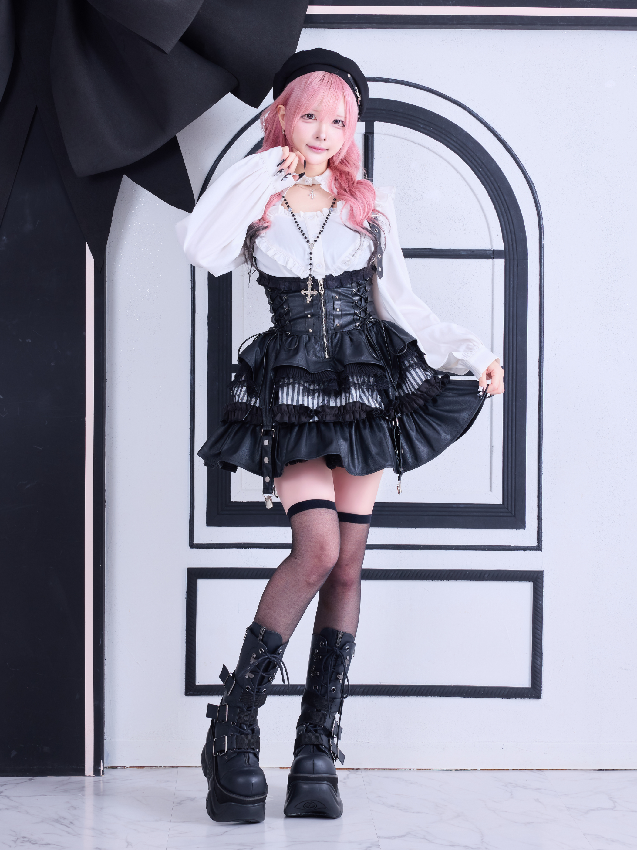 IMVAL / Lace Frill Leather Dress - STRIPE
