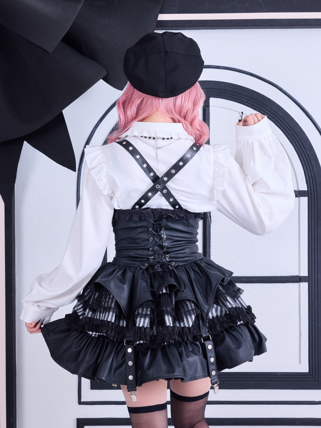 IMVAL / Lace Frill Leather Dress - STRIPE