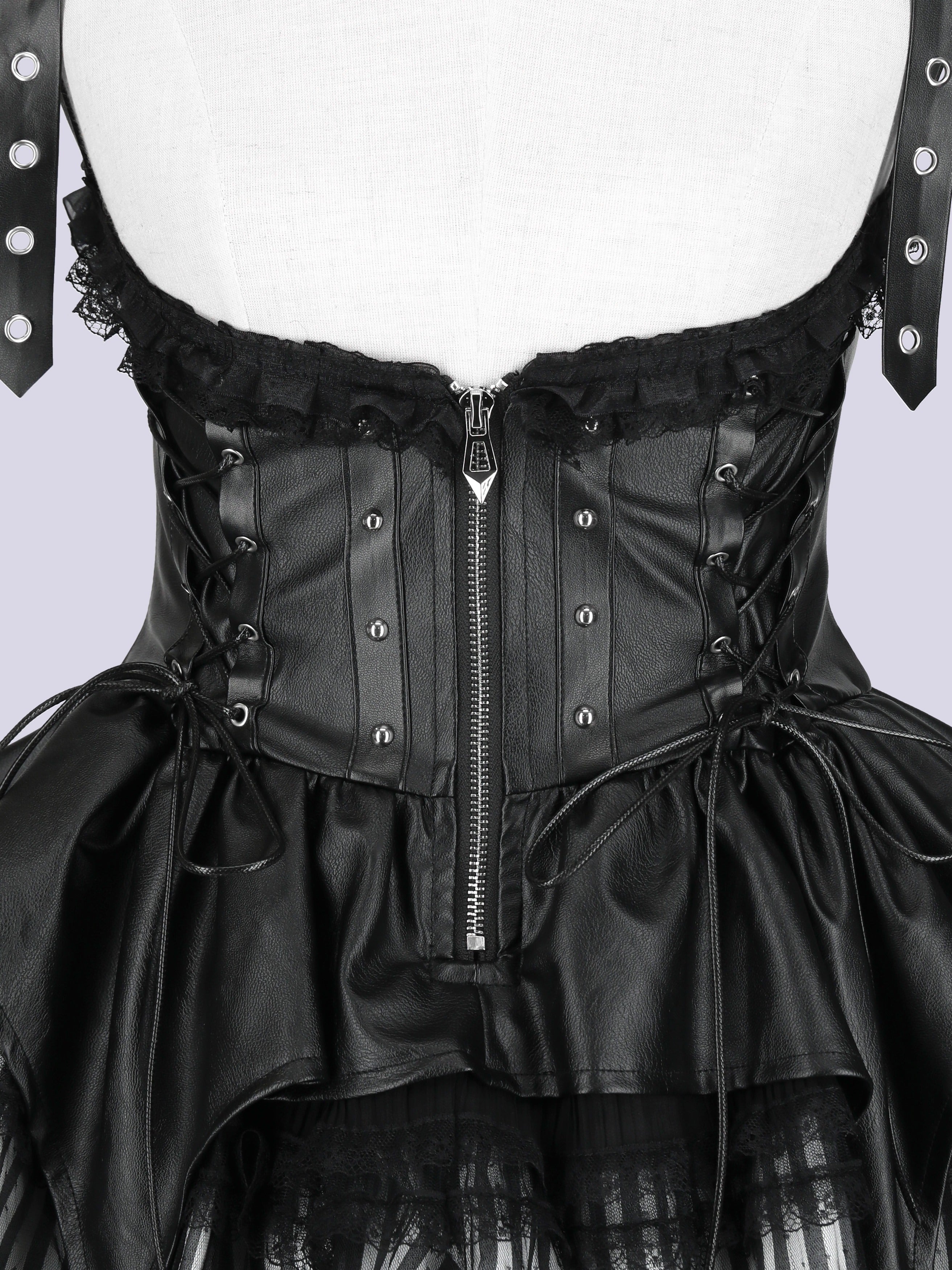 IMVAL / Lace Frill Leather Dress - STRIPE