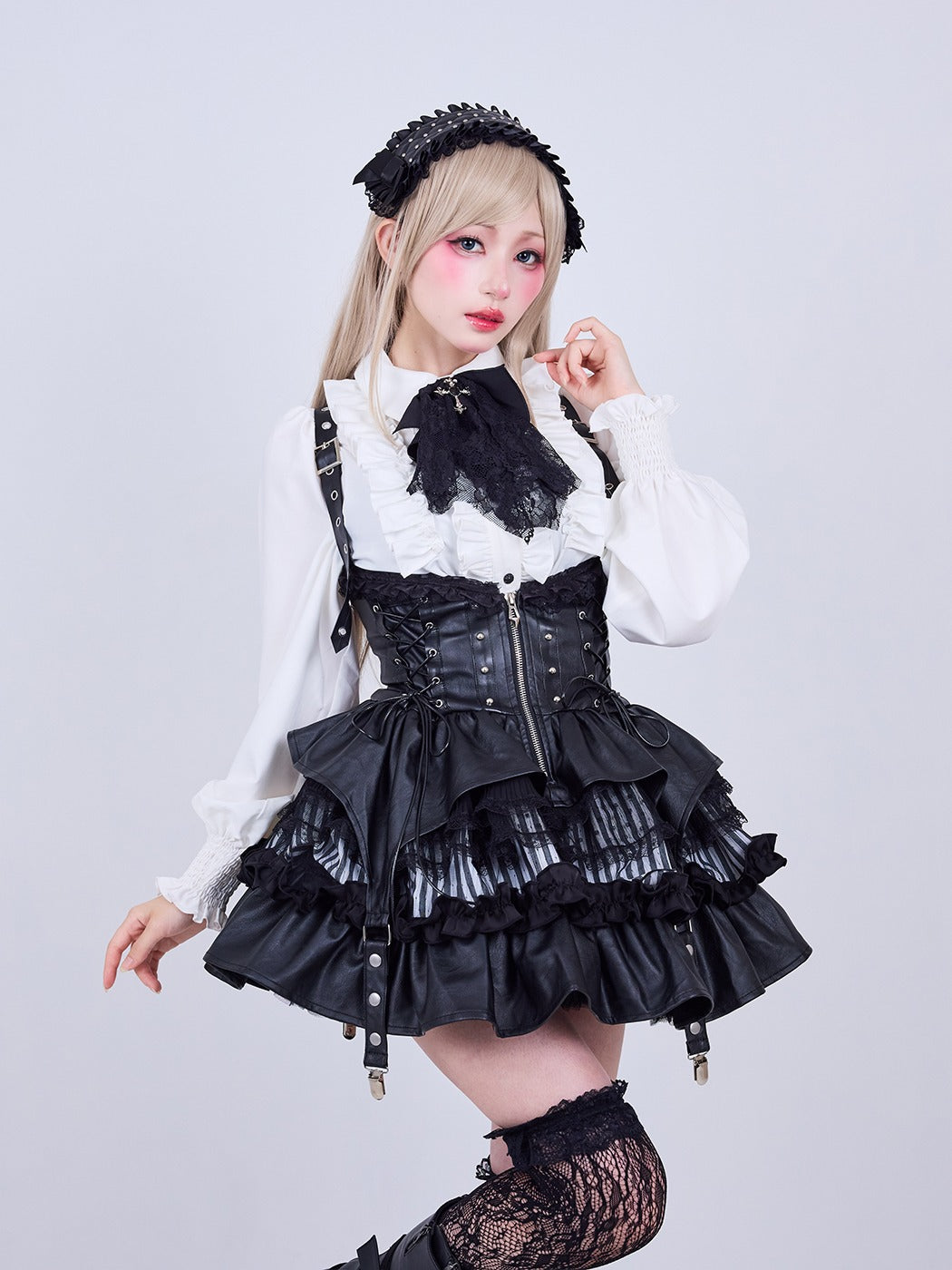 IMVAL / Lace Frill Leather Dress - STRIPE