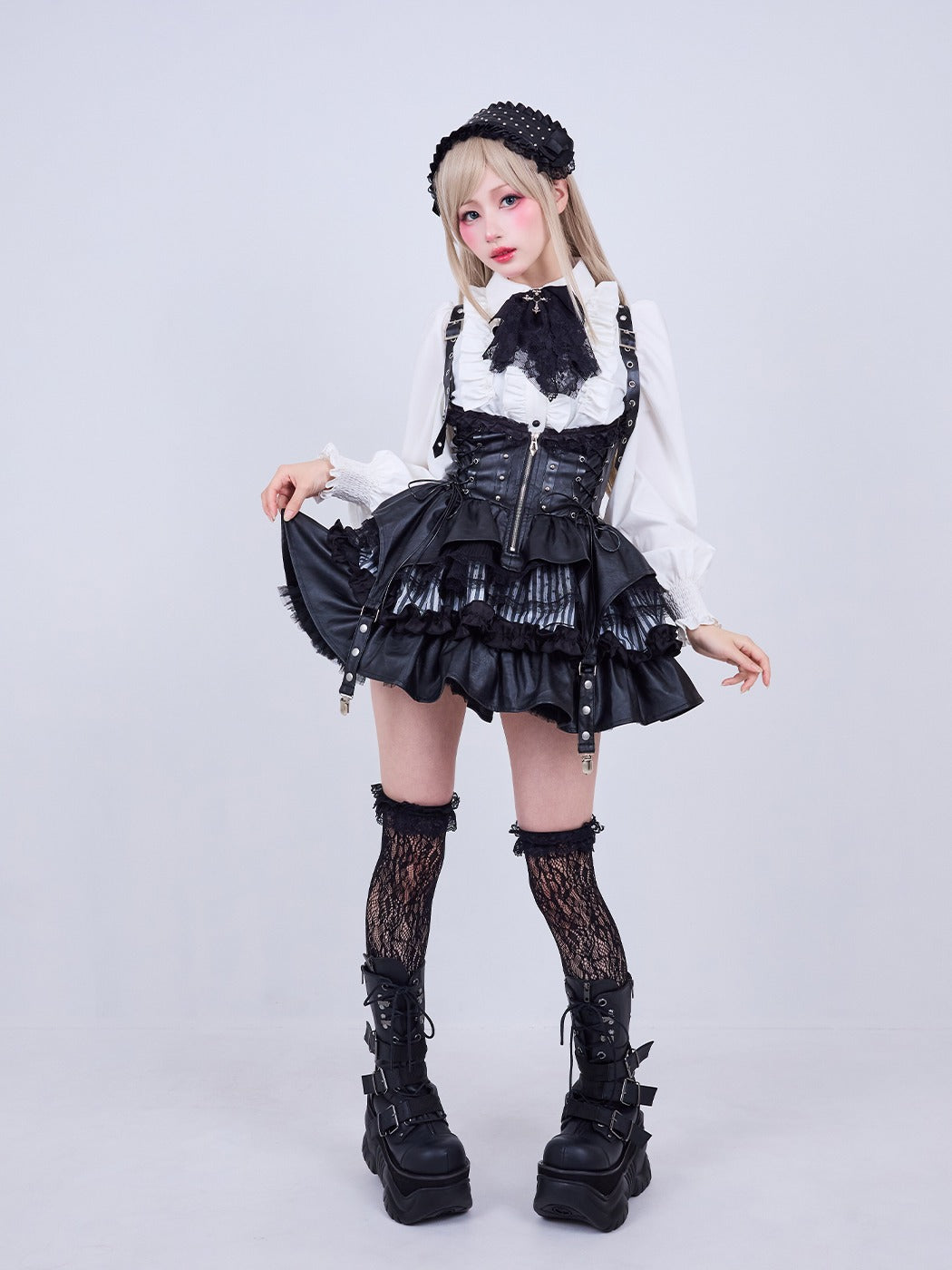 IMVAL / Lace Frill Leather Dress - STRIPE