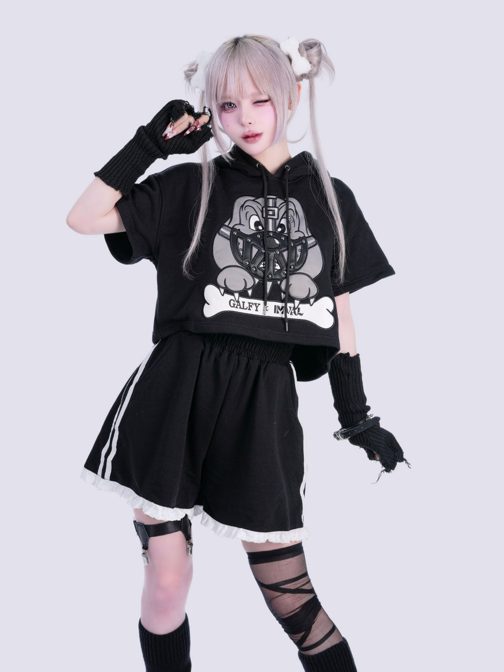 IMVAL×GALFY / Cat Ear Cropped Hoodie-BLK