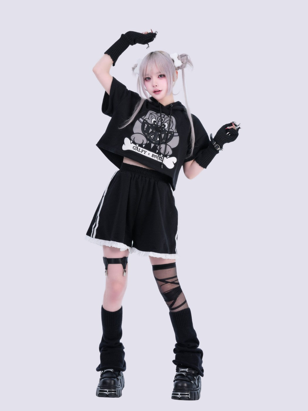 IMVAL×GALFY / Cat Ear Cropped Hoodie-BLK