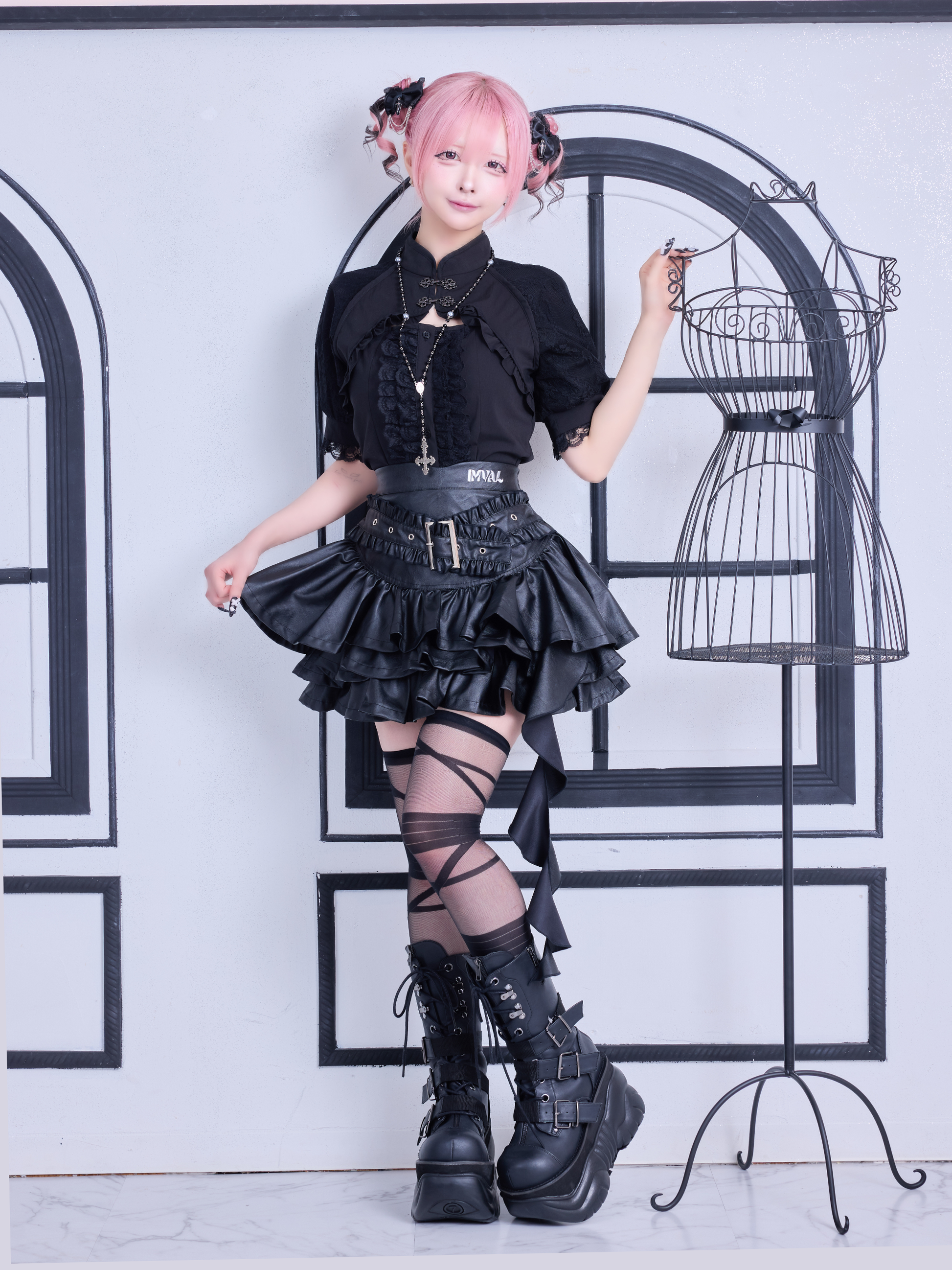IMVAL / Layered Ruffle Belted Skirt [PU]