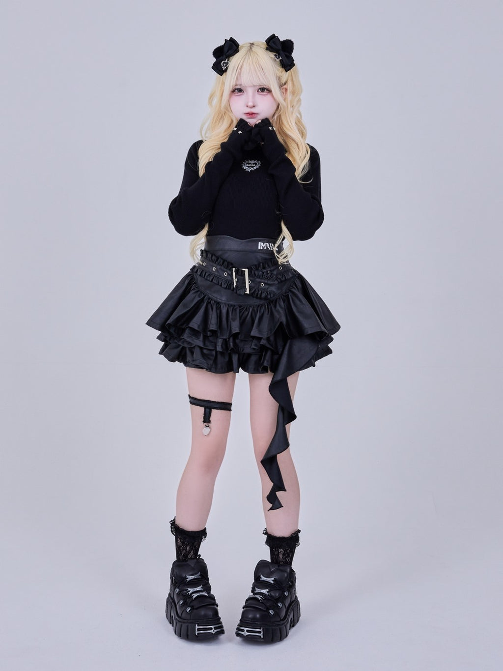 IMVAL / Layered Ruffle Belted Skirt [PU]