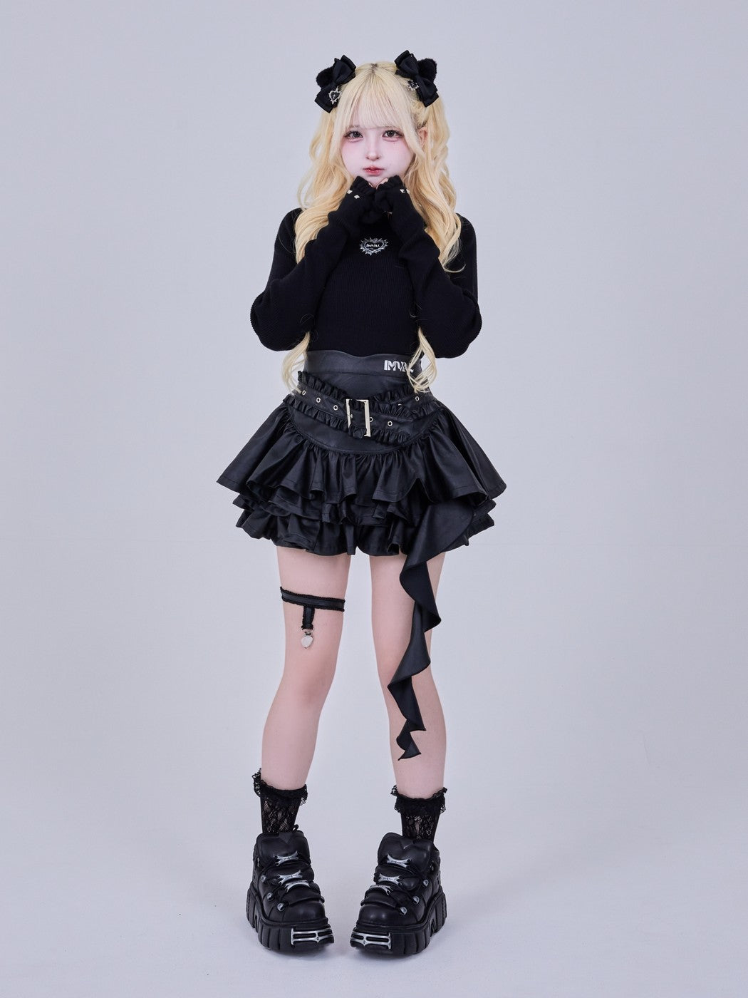 IMVAL / Layered Ruffle Belted Skirt [PU]